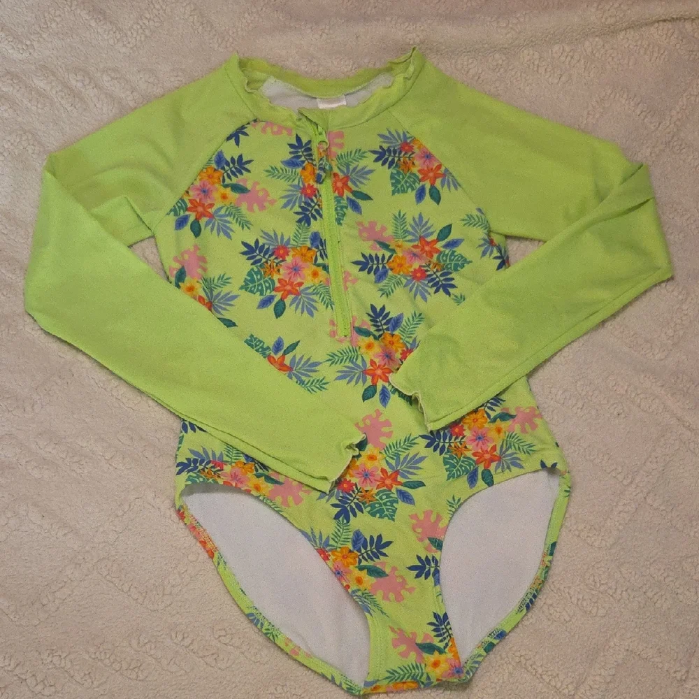 Cat & Jack Neon Lime Floral Long-Sleeve Rashguard One-Piece